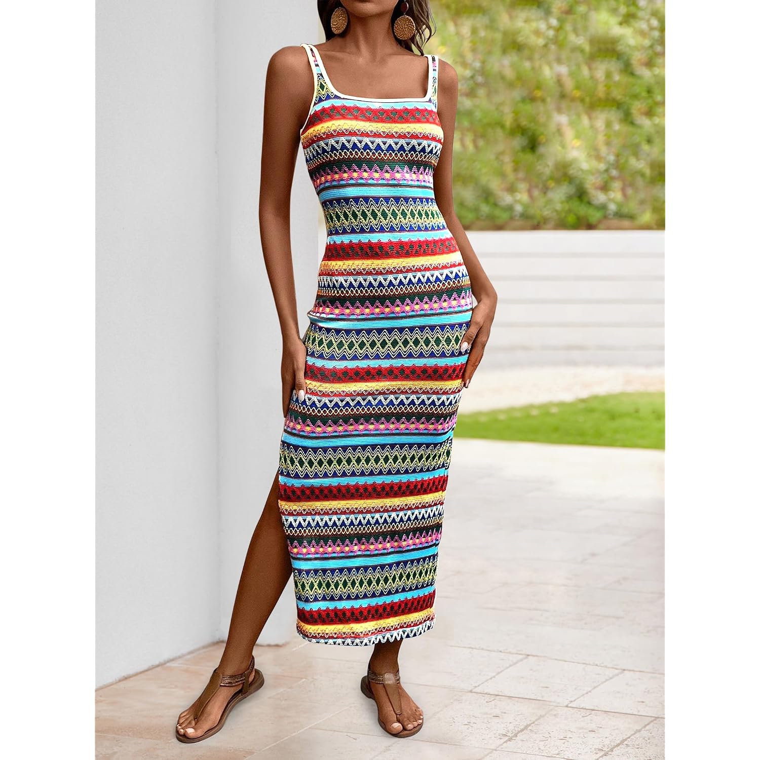 Prettygarden Tank Dress For Women 2026 Summer Casual Striped Maxi Dresses Fitted Square Neck Beach Vacation Bohemian Sundress