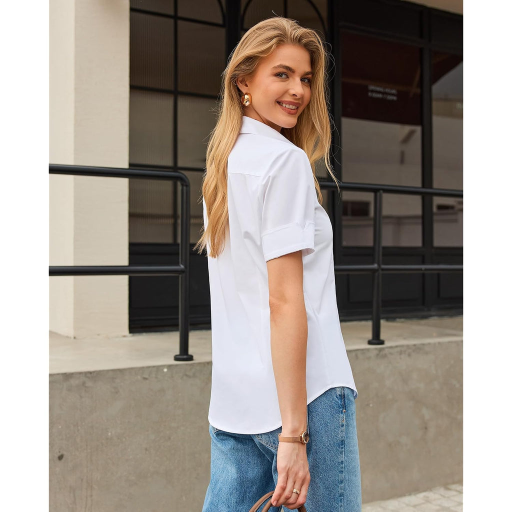 Siliteelon Short Sleeve Button Dress Shirts For Women Cotton Button Down Shirts For Women Slim Fit Blouse Top 3/4 Sleeve