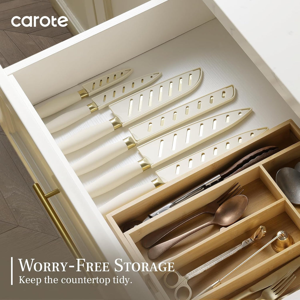 CAROTE 12PCS Kitchen Knife Set, Healthy Gold Titanium Coating Knife Set, Dishwasher Safe with 6 Blade Guards, Rustproof Stainless Steel Cutlery Set, White and Gold