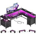 Furologee 66" Reversible L Shaped Gaming Desk With 6 Drawers & Printer Storage Shelves, Corner Computer Desk With Power Outlets & Led Lights, Home Office Table With Monitor Stand, Black