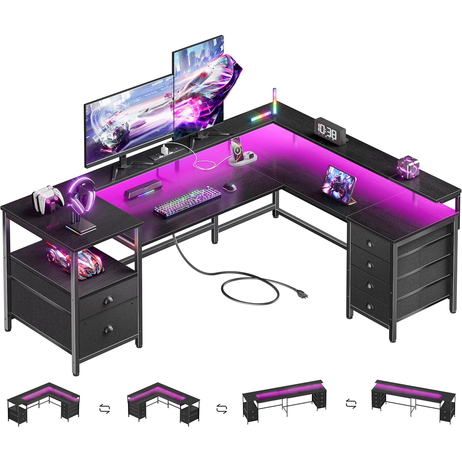 Furologee 66" Reversible L Shaped Gaming Desk With 6 Drawers & Printer Storage Shelves, Corner Computer Desk With Power Outlets & Led Lights, Home Office Table With Monitor Stand, Black