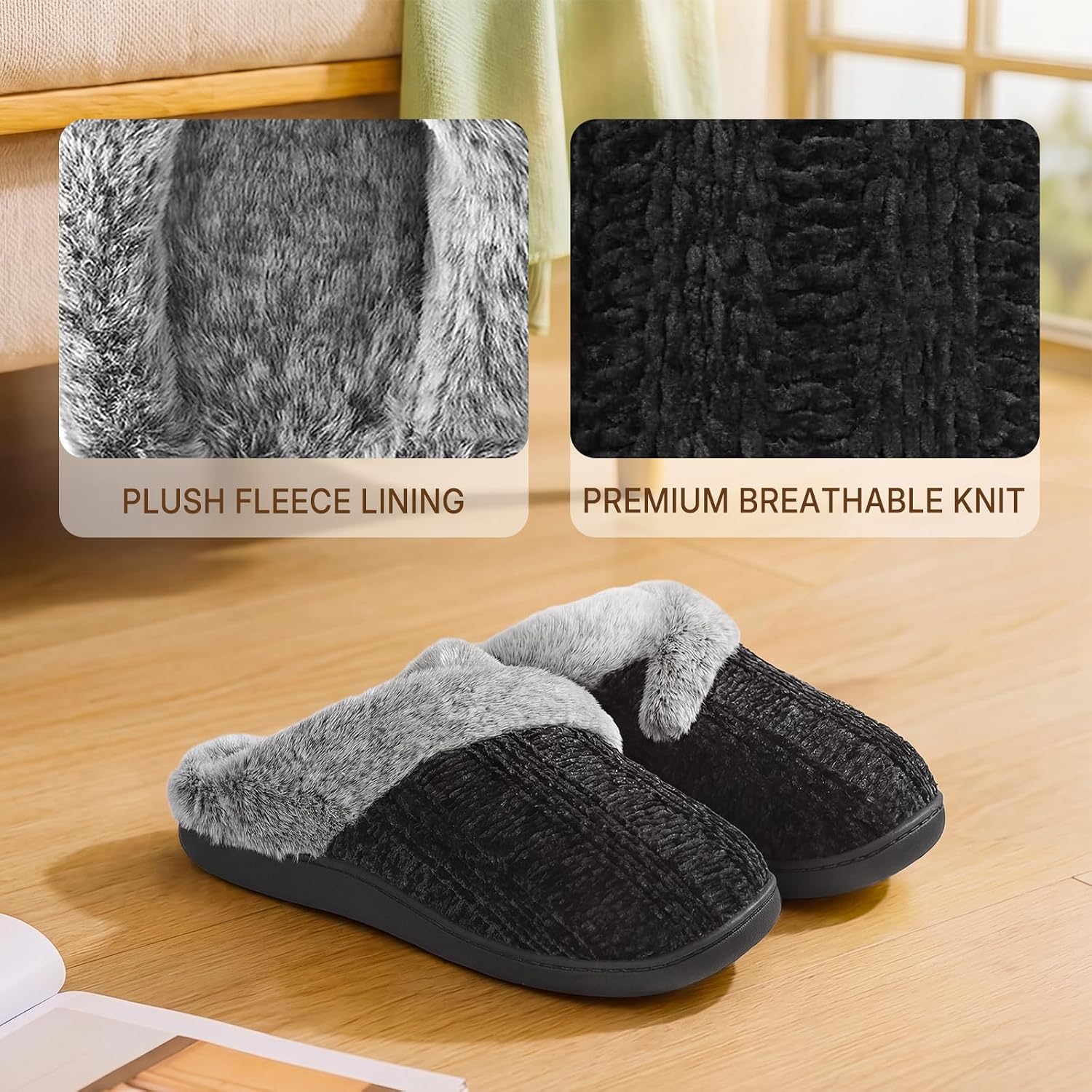 Slippers For Women Fuzzy House Slip On Indoor Outdoor Bedroom Furry Fleece Lined Ladies Comfy Memory Foam Female Home Shoes Anti-Skid Rubber Hard Sole