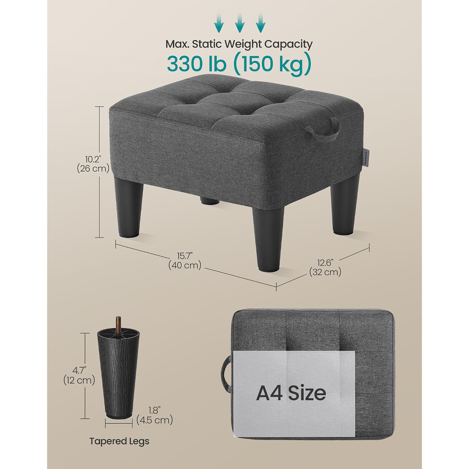 Songmics Foot Stool With Legs, Small Footstool Ottoman, Linen-Look Fabric Seat With Thick Cushion, For Living Room, Bedroom, Entryway, 330 Lb Weight Capacity, Dark Gray Ulom502G01