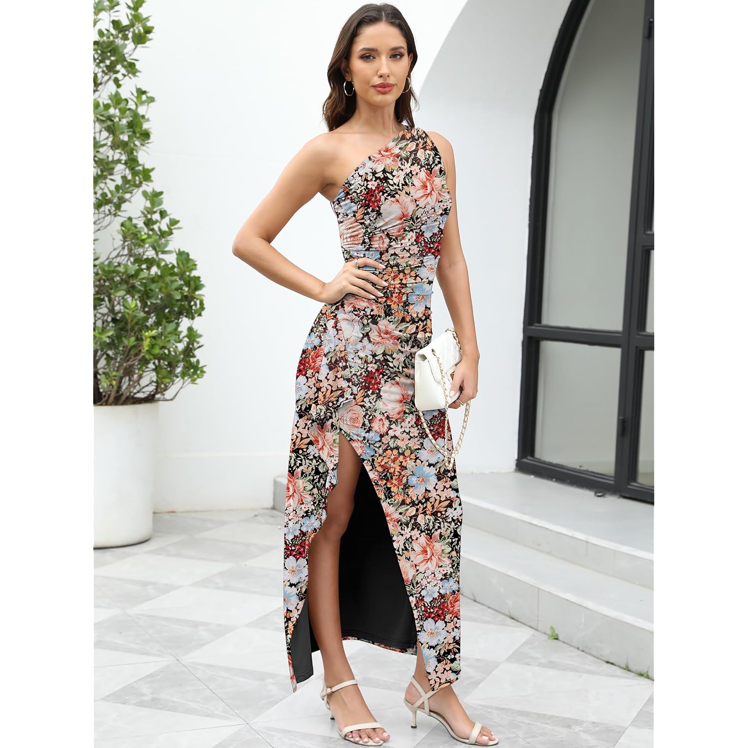Prinbara Womens One Shoulder Floral Bodycon Maxi Dress Summer Formal Dress | High Split Adjustable Strap, Soft Lightweight Stretchy, Breathable Lined Dresses, 2026 Cocktail Party, Prom & Wedding Guest