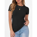Women Short Sleeve Crewneck Ribbed Knit Slim Fitted Shirts Summer Tops Basic Tee Casual 2026 Spring Outfits Clothes