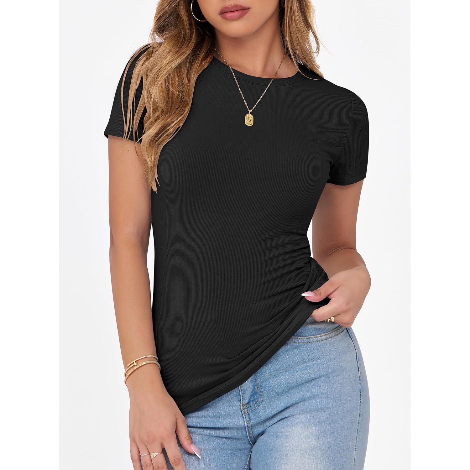 Women Short Sleeve Crewneck Ribbed Knit Slim Fitted Shirts Summer Tops Basic Tee Casual 2026 Spring Outfits Clothes