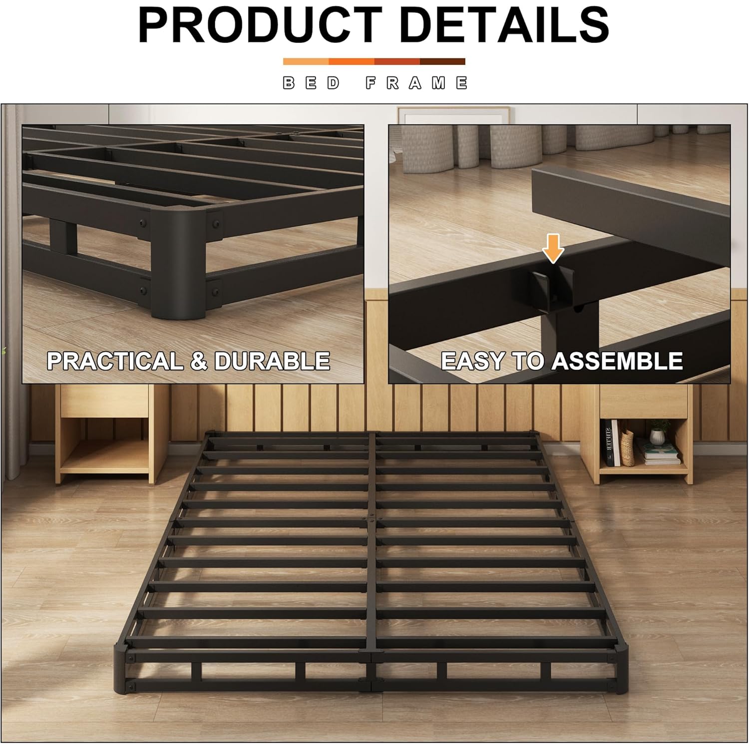 EMODA 5 Inch Box Spring Queen Size Bed Base, Heavy Duty Metal Queen Mattress Foundation with Fabric Cover, Easy Assembly, Black