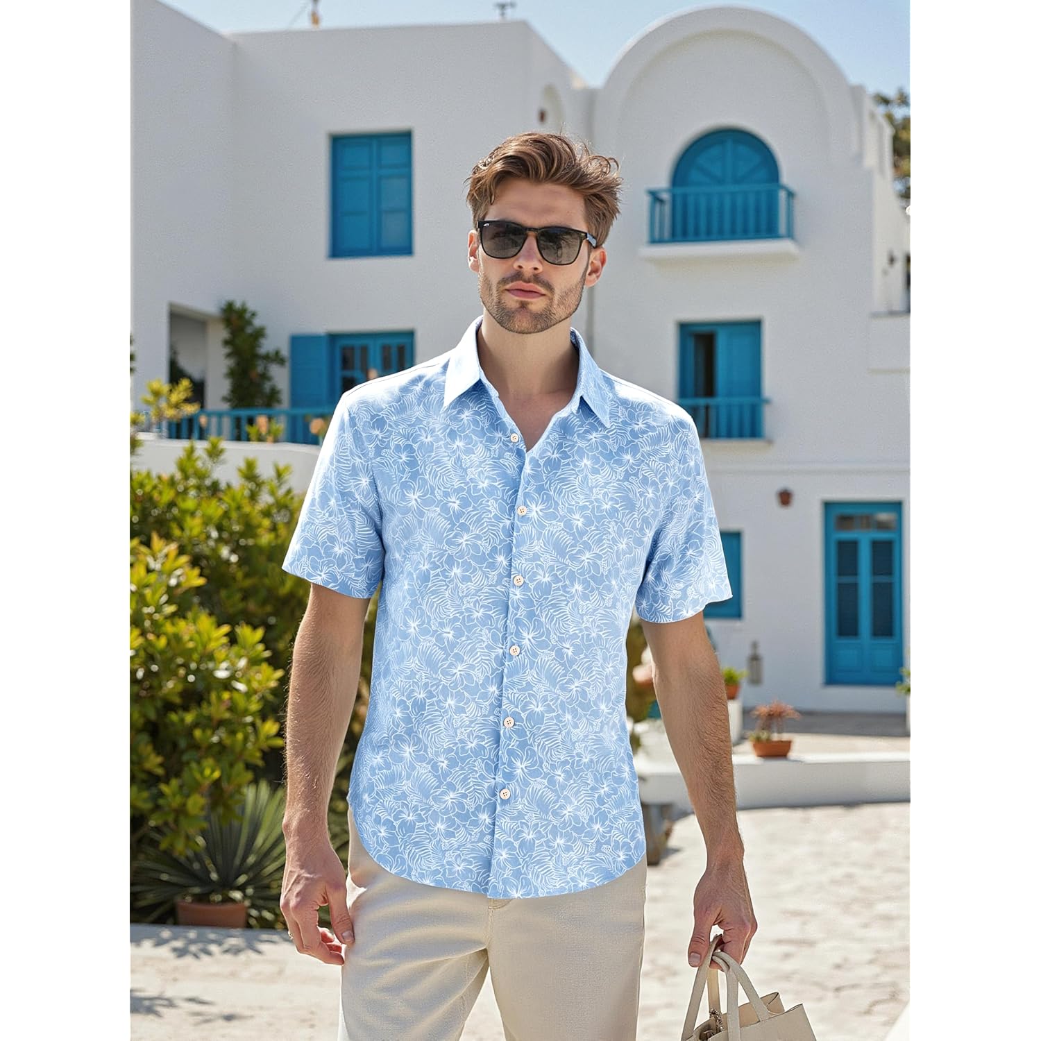 Mens Hawaiian Shirt Short Sleeve Button Down Cotton Floral Shirts Casual Tropical Beach Summer Shirts