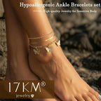 17KM 21PCS Gold Ankle Bracelets for Women, Boho Shell Bead Cuban Link Chain Waterproof Gold Anklets Set, Adjustable Layered Anklets for Women Beach Jewelry Gift