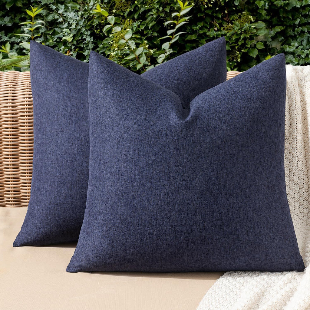 Miulee Pack Of 2 Decorative Outdoor Solid Waterproof Throw Pillow Covers Faux Linen Garden Farmhouse Cushion Cases For Summer Patio Tent Balcony Couch Sofa 18X18 Inch Navy