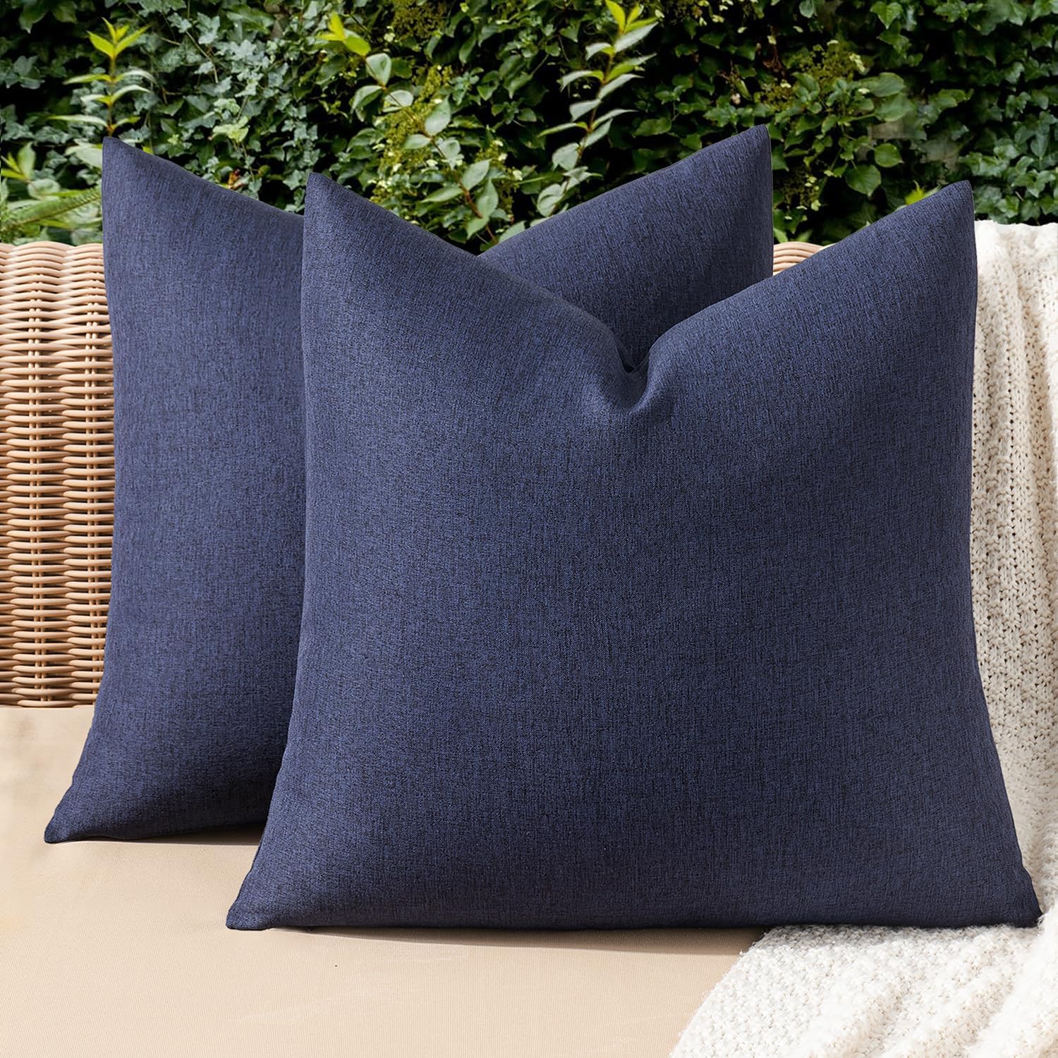 Miulee Pack Of 2 Decorative Outdoor Solid Waterproof Throw Pillow Covers Faux Linen Garden Farmhouse Cushion Cases For Summer Patio Tent Balcony Couch Sofa 18X18 Inch Navy