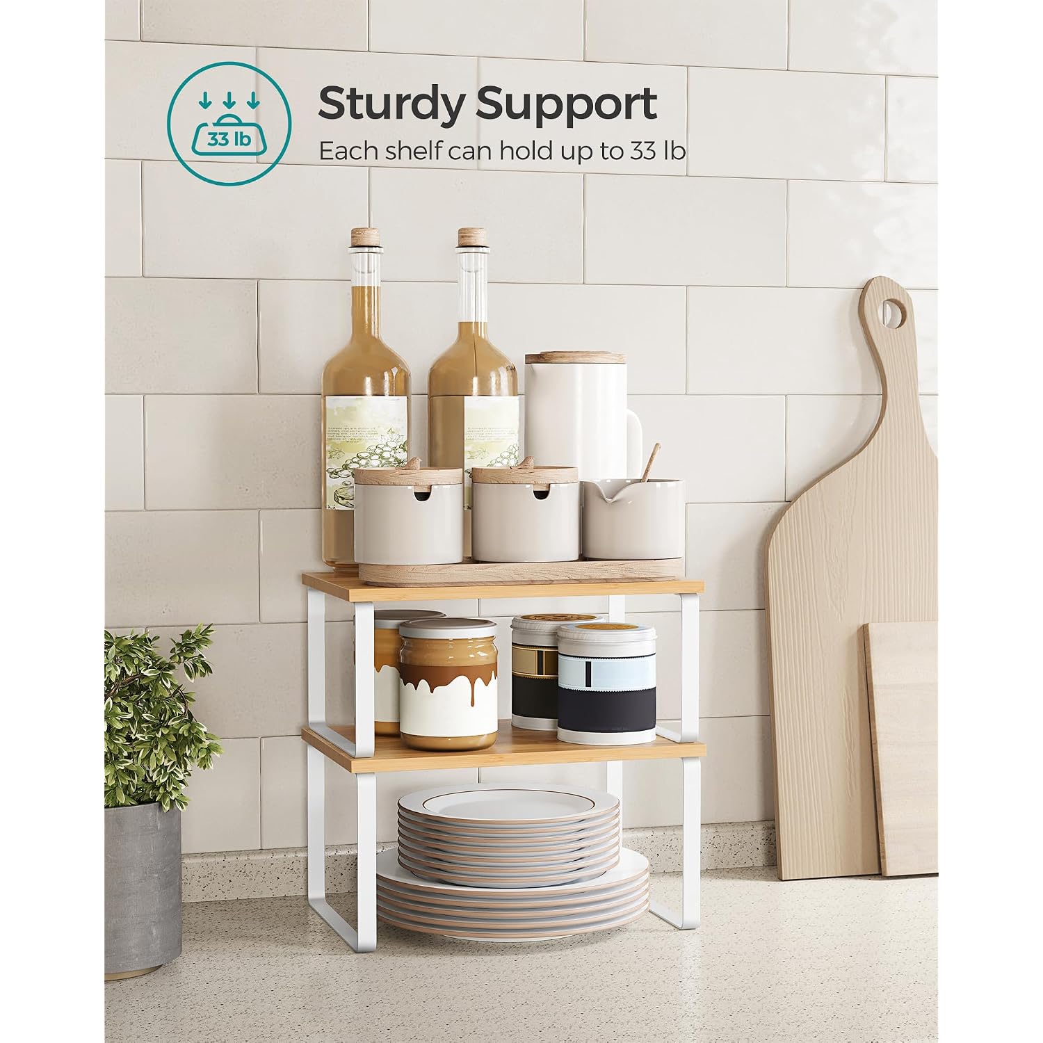 Songmics Cabinet Organizer Shelf, Set Of 4 Kitchen Counter Shelves, Kitchen Storage, Spice Rack, Stackable, Expandable, Metal And Engineered Wood, Cloud White And Natural Beige Ukcs010N01