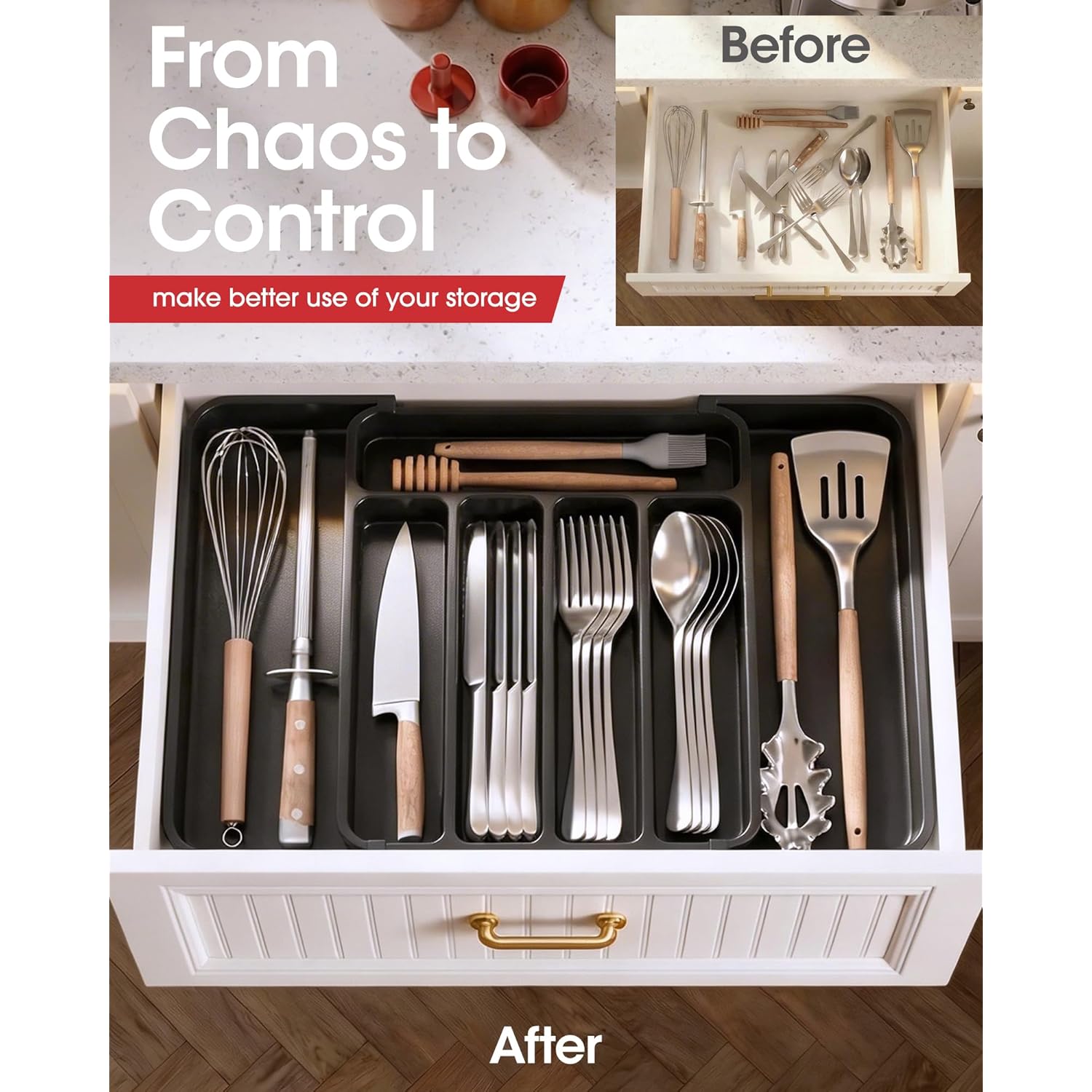 Aujen Silverware Organizer - Expandable Kitchen Drawer Organizer, Adjustable Utensil Organizer, Cutlery Tray for Forks, Knives, Multipurpose Kitchen Organizers and Storage Solution, Black, Medium