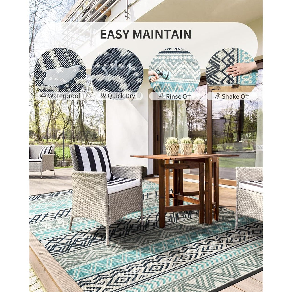 Montvoo Outdoor Rug Carpet Waterproof-Patio Rug Mat 5X8 Reversible Rv Outdoor Camping Rugs Picnic Beach Mats Plastic Straw Outside Rugs For Balcony Porch Pool Deck Boho Patio Decor