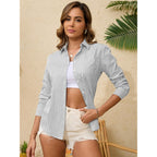 Grade 4 Wrinkle-Resistant Women's Button Down Shirts Striped Long Sleeve Collared Blouses Tops with Pocket