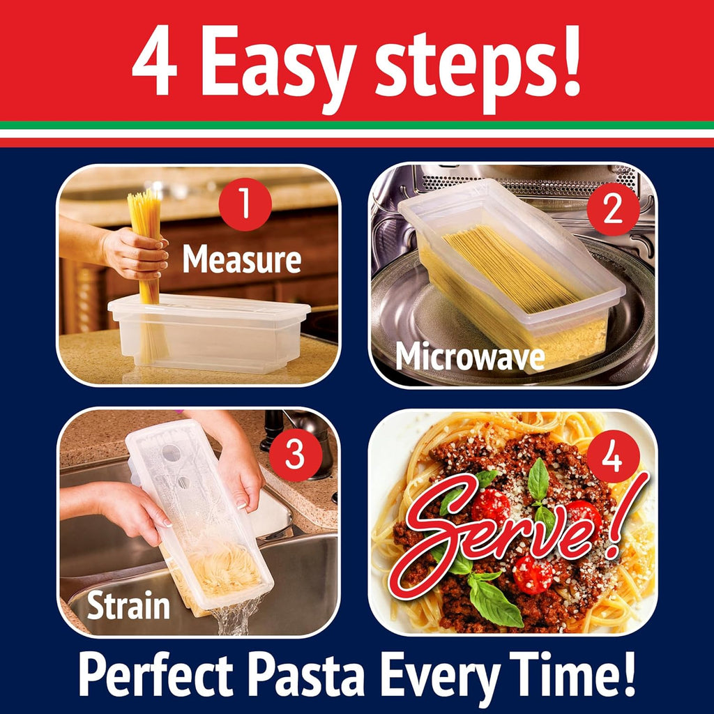 The Original Fasta Pasta Microwave Cooker w Lid and Built-in Strainer (Red)- No More Messes, Waiting for Water to Boil,or Sticky Noodles- Perfect Al Dente Pasta Every time- Patented, It Really Works!