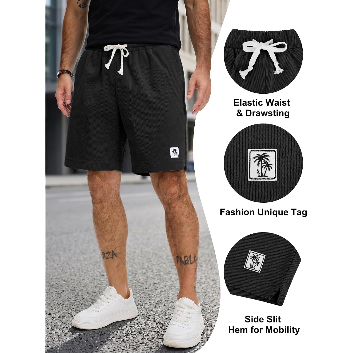 Plepan Mens Corduroy Shorts Casual 7 Inch Elastic Waist Drawstring Lightweight Summer Beach Loose Fit Lounge Shorts