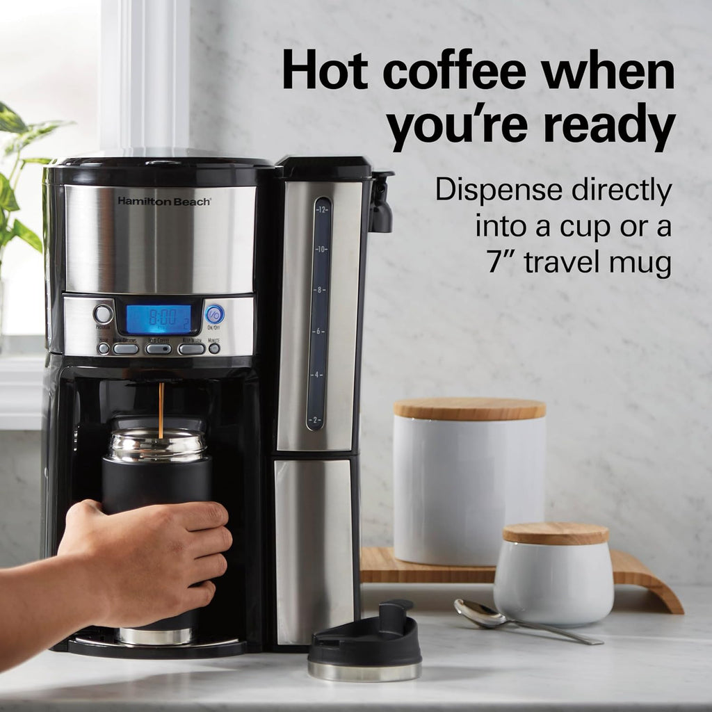 Hamilton Beach One Press Programmable Dispensing 12 Cup Coffee Maker With Internal Coffee Pot, Stays Warm And Fresh For Hours, 60 Oz. Removable Reservoir, Black & Stainless Steel (47950)