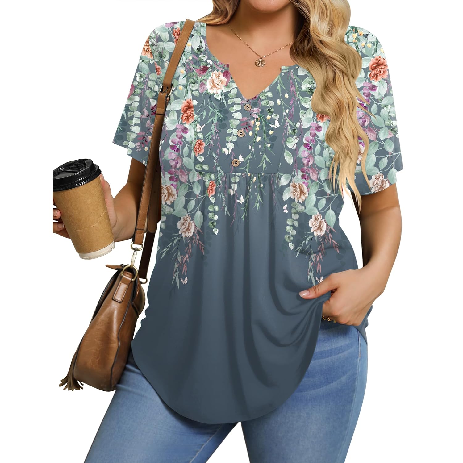 IN'VOLAND Womens Plus Size Tunic Top Summer Short Sleeve T-Shirt V-neck Button Up Dressy Blouse Casual Pleated Pullover 1X-5X