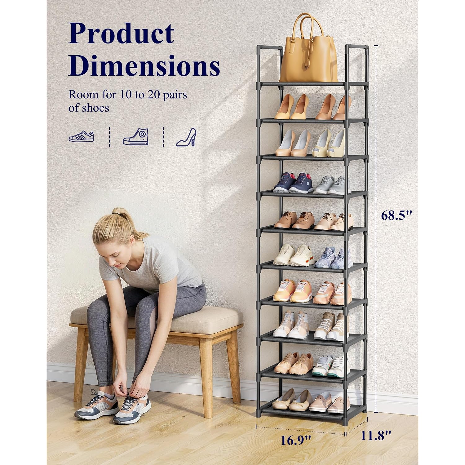 Kitsure Shoe Rack - 10-Tier Shoe Organizer With Detachable Fabric Shelves & Metal Frame, Tall Shoe Rack For Closet, Entryway, Living Room, 16.9" Wide - 10 Tier, Black