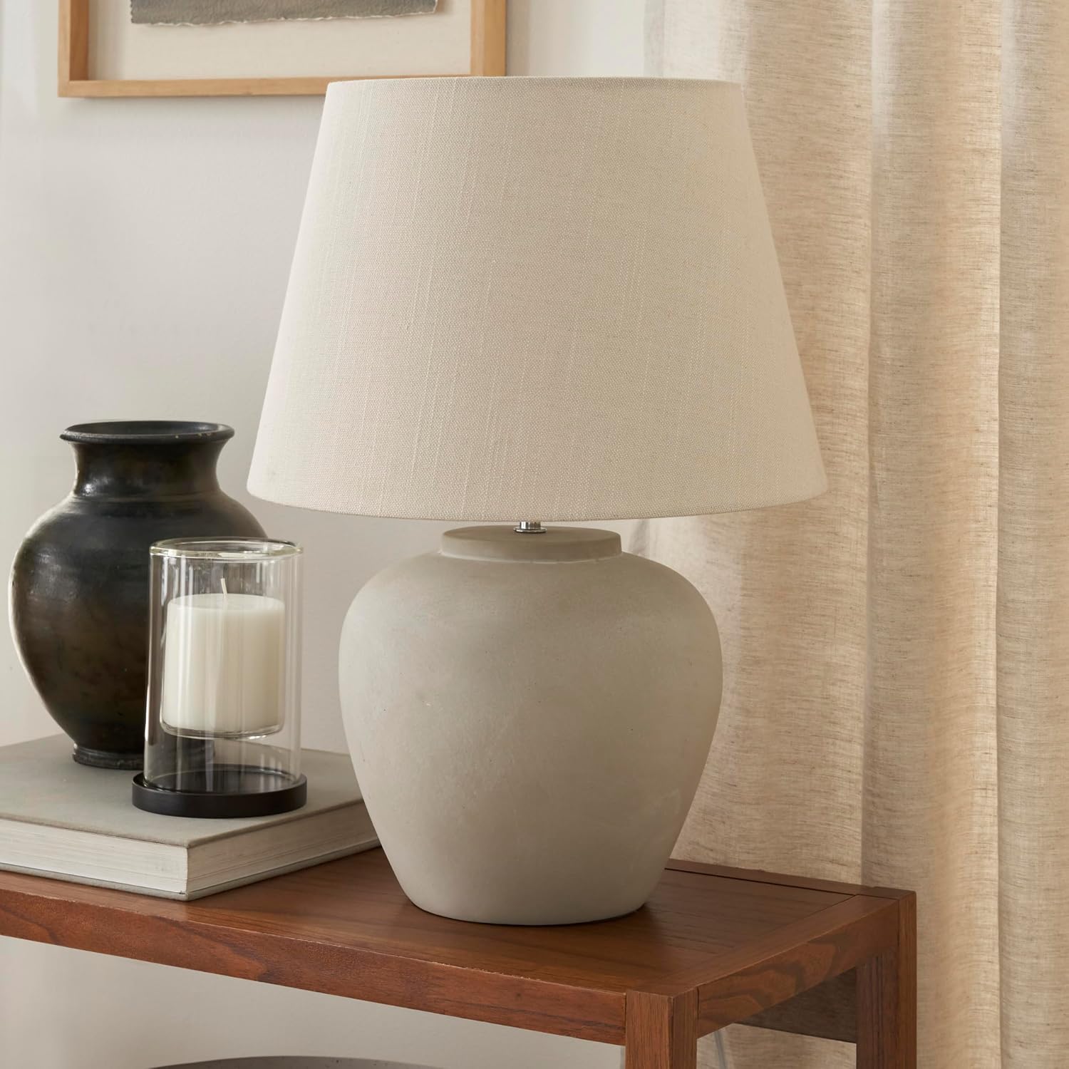 Nourison Home 20" Sand (Light Beige) Neutral Ceramic Table Lamp With Fabric Shade, Bedside Nightstand Lamp For Bedroom, Living Room, Entryway