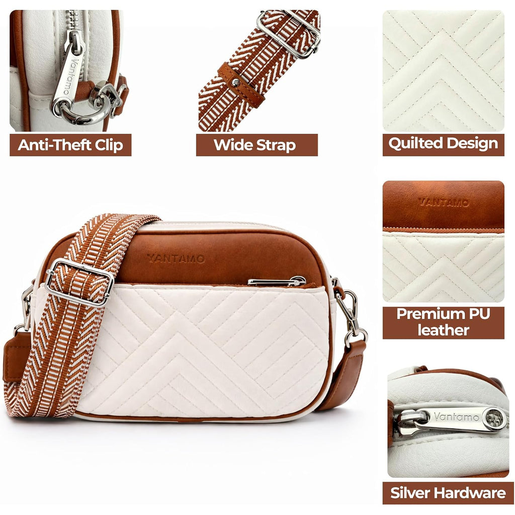 Vantamo Premium Quilted Crossbody Bags For Women With Anti-Pickpocket Clip, Vegan Leather Handbags, Travel Purses For Women