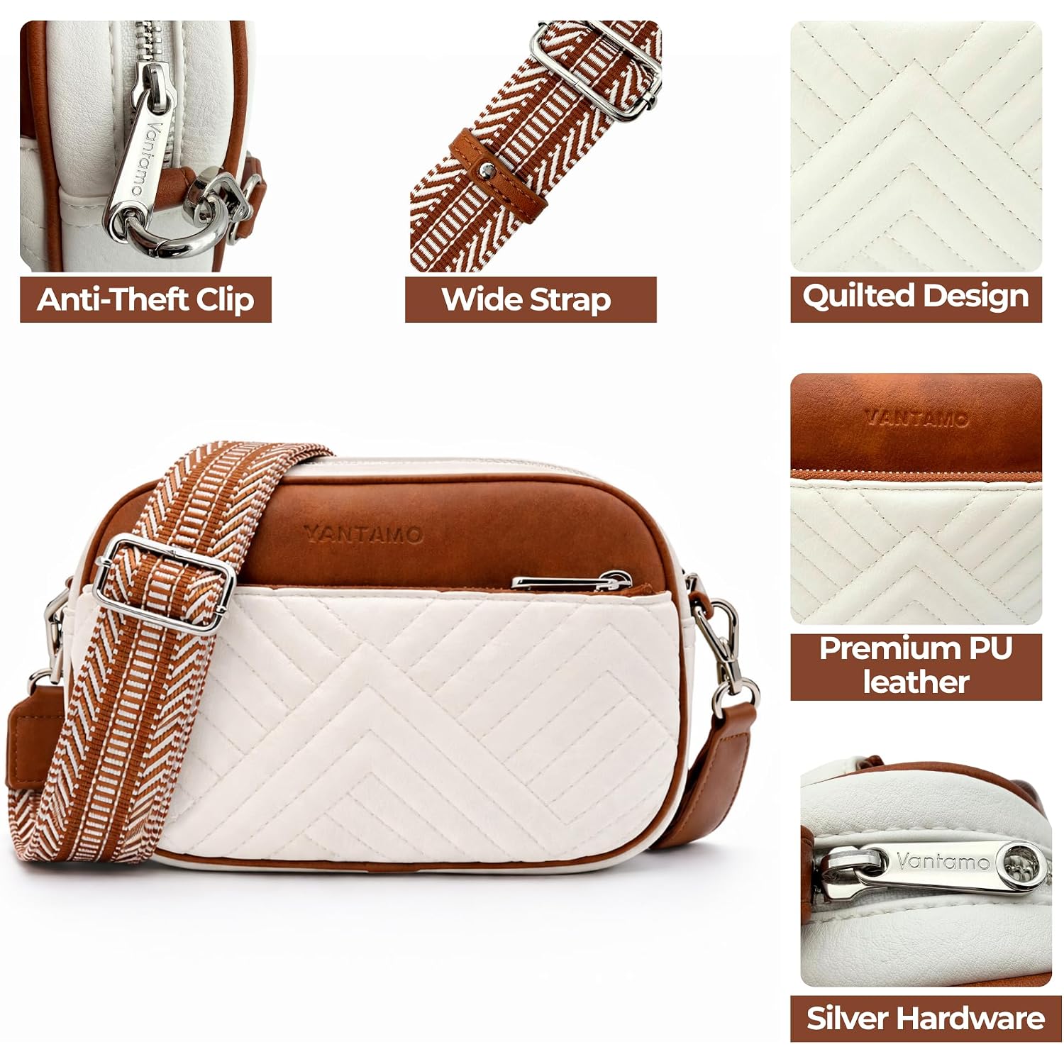 Vantamo Premium Quilted Crossbody Bags For Women With Anti-Pickpocket Clip, Vegan Leather Handbags, Travel Purses For Women