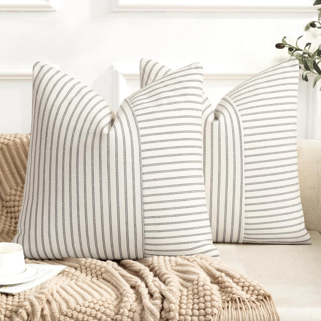YCOLL Farmhouse Pillow Covers 18x18, Modern Accent Square Throw Pillow Covers Set of 2, Gray and Beige Striped Patchwork Linen Decorative Pillows Cushion Covers for Couch Chair Bedroom Home Decor