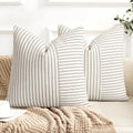 YCOLL Farmhouse Pillow Covers 18x18, Modern Accent Square Throw Pillow Covers Set of 2, Gray and Beige Striped Patchwork Linen Decorative Pillows Cushion Covers for Couch Chair Bedroom Home Decor