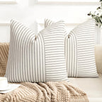 YCOLL Farmhouse Pillow Covers 18x18, Modern Accent Square Throw Pillow Covers Set of 2, Gray and Beige Striped Patchwork Linen Decorative Pillows Cushion Covers for Couch Chair Bedroom Home Decor