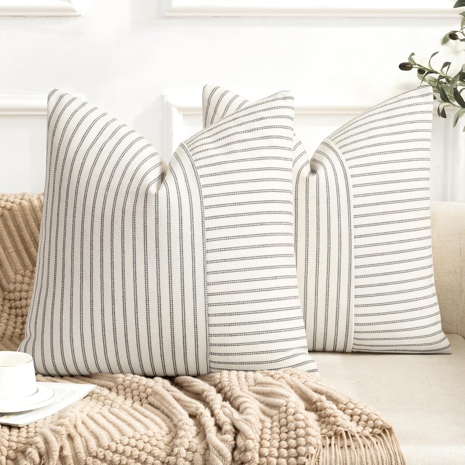 YCOLL Farmhouse Pillow Covers 18x18, Modern Accent Square Throw Pillow Covers Set of 2, Gray and Beige Striped Patchwork Linen Decorative Pillows Cushion Covers for Couch Chair Bedroom Home Decor