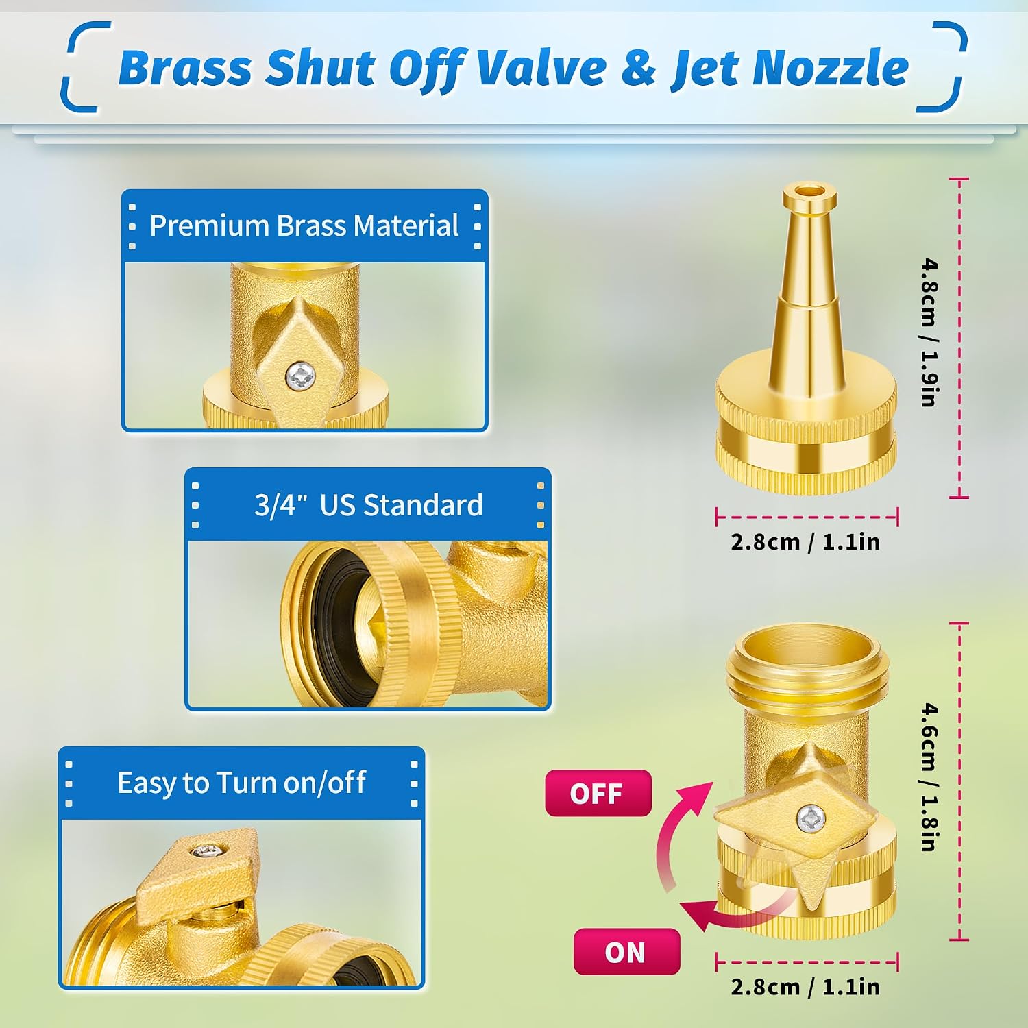 Automan Brass Hose Nozzle - High Pressure Jet Nozzle 4 Count (2 Set), Heavy Duty Water Hose Sprayer Sweeper With Hose Shutoff Valve, 3/4” Ght Nozzles For Garden Hose, Car Wash, Extra 10 Rubber Washers