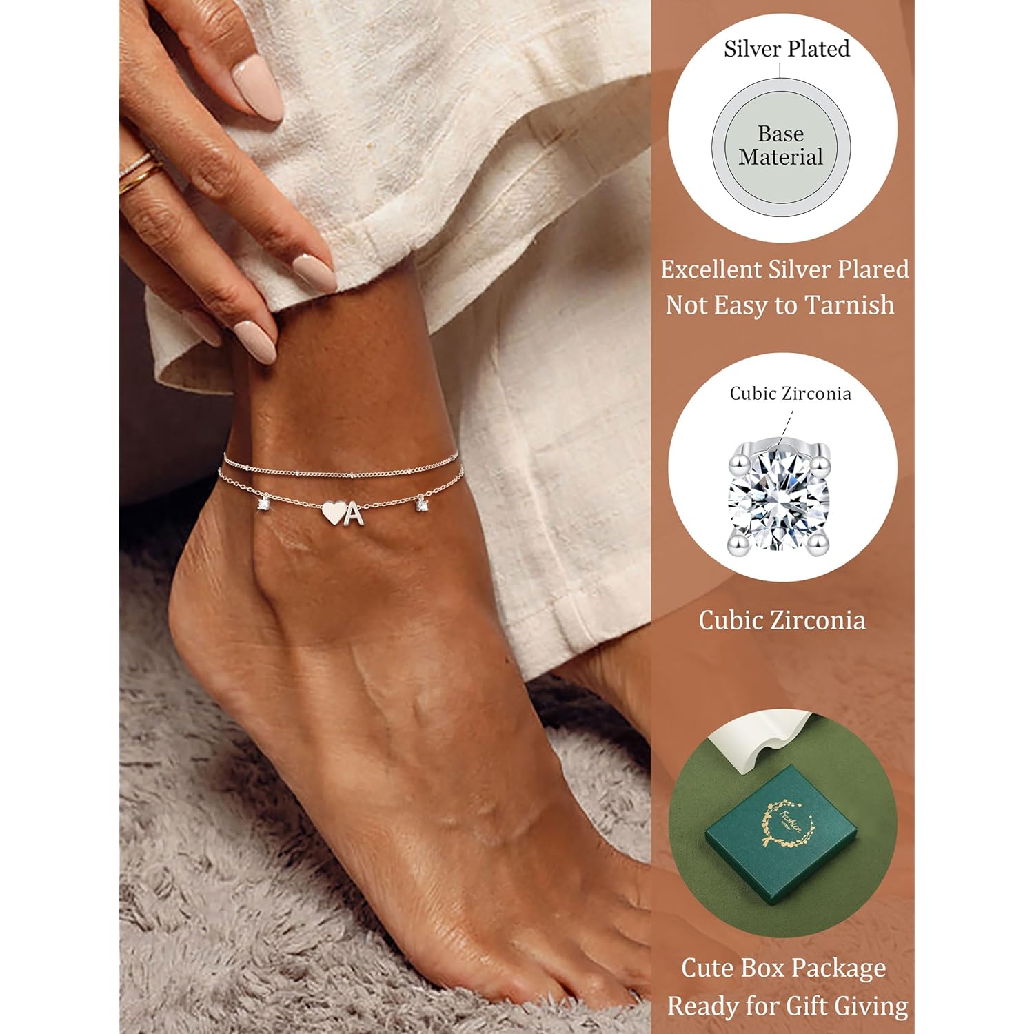 Silver Ankle Bracelets For Women 14k Gold Plated Initial Anklets For Women Waterproof Non Tarnish Dainty Layered CZ Letter A-Z Heart Charm Anklet Set Summer Beach Foot Chain Jewelry Gift