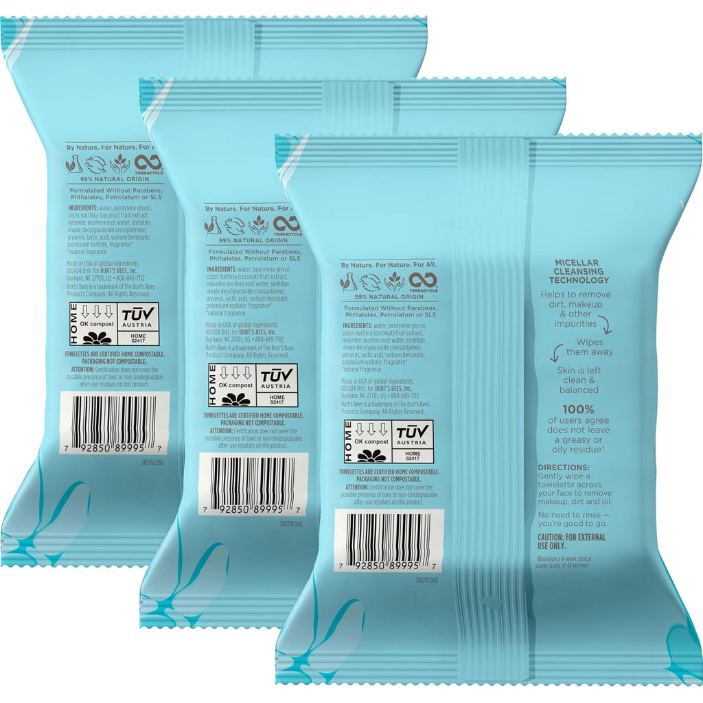 Face Wipes, Burt'S Bees Facial Cleansing, Makeup Remover Towelettes, 3 In 1 Hydrating Micellar Cleanser With Coconut & Lotus Water, 90 Count (Packaging May Vary)
