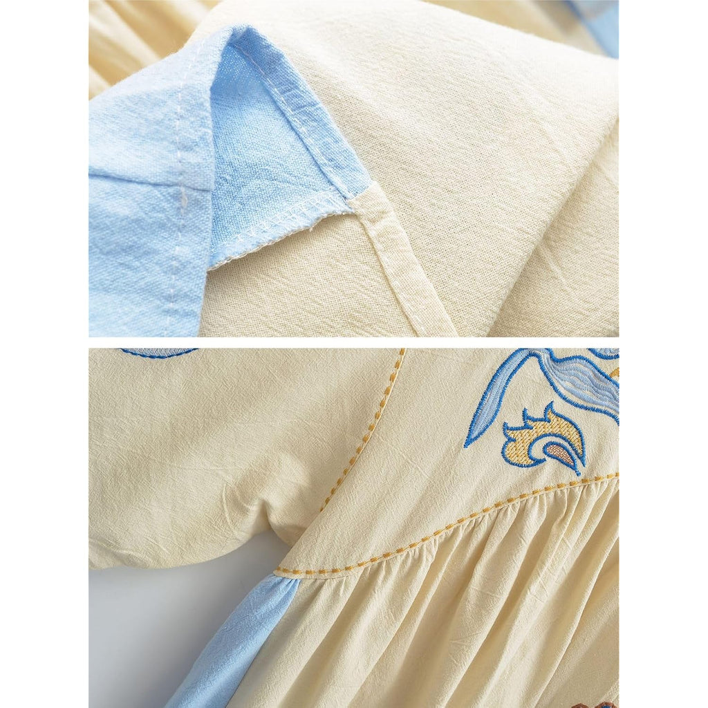 Joiemont Womens Oversized Embroidered Dress With V-Neck And 3/4 Sleeves Vintage Embroidery Babydoll Dress
