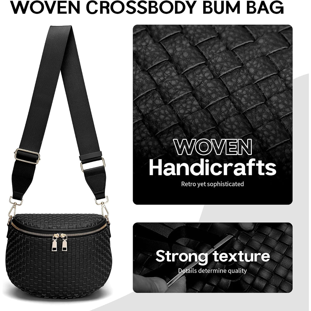 Fodoko Woven Crossbody Bag For Women Woven Leather Bum Bags Checkered Cross Body Bags With Zipper