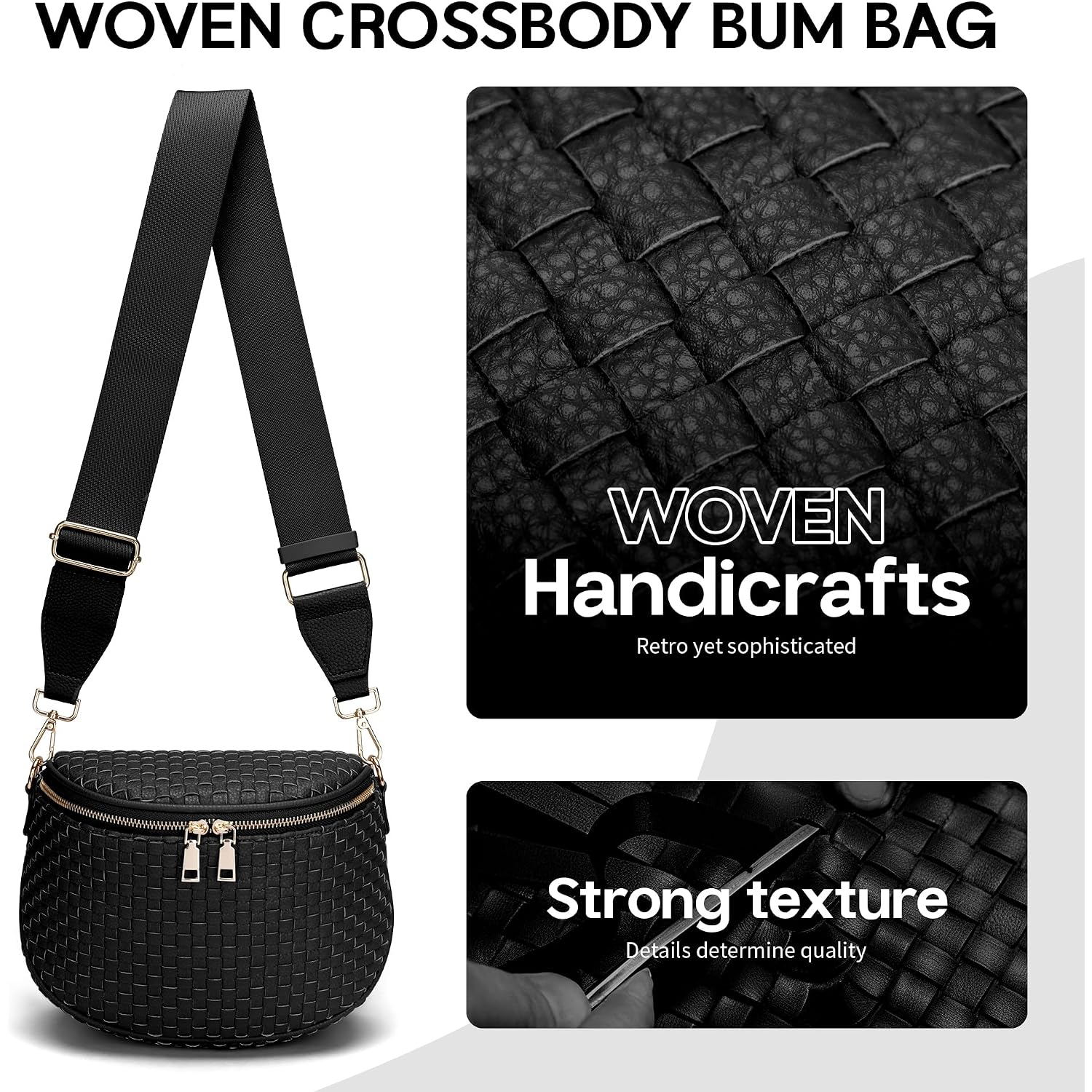 Fodoko Woven Crossbody Bag For Women Woven Leather Bum Bags Checkered Cross Body Bags With Zipper