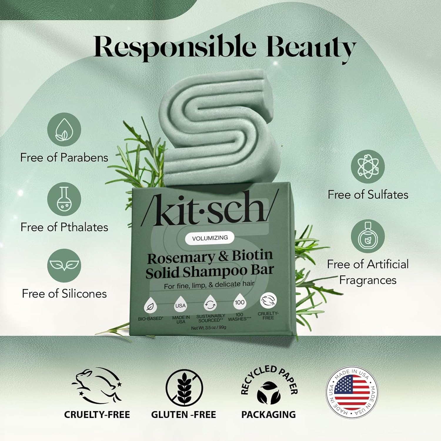 Kitsch Rosemary & Biotin Shampoo Bar - For Hair Growth, Strengthening, Thickening & Volumizing Shampoo for Women and Men - Free of Parabens, Sulfates & Silicones - 3.5 oz