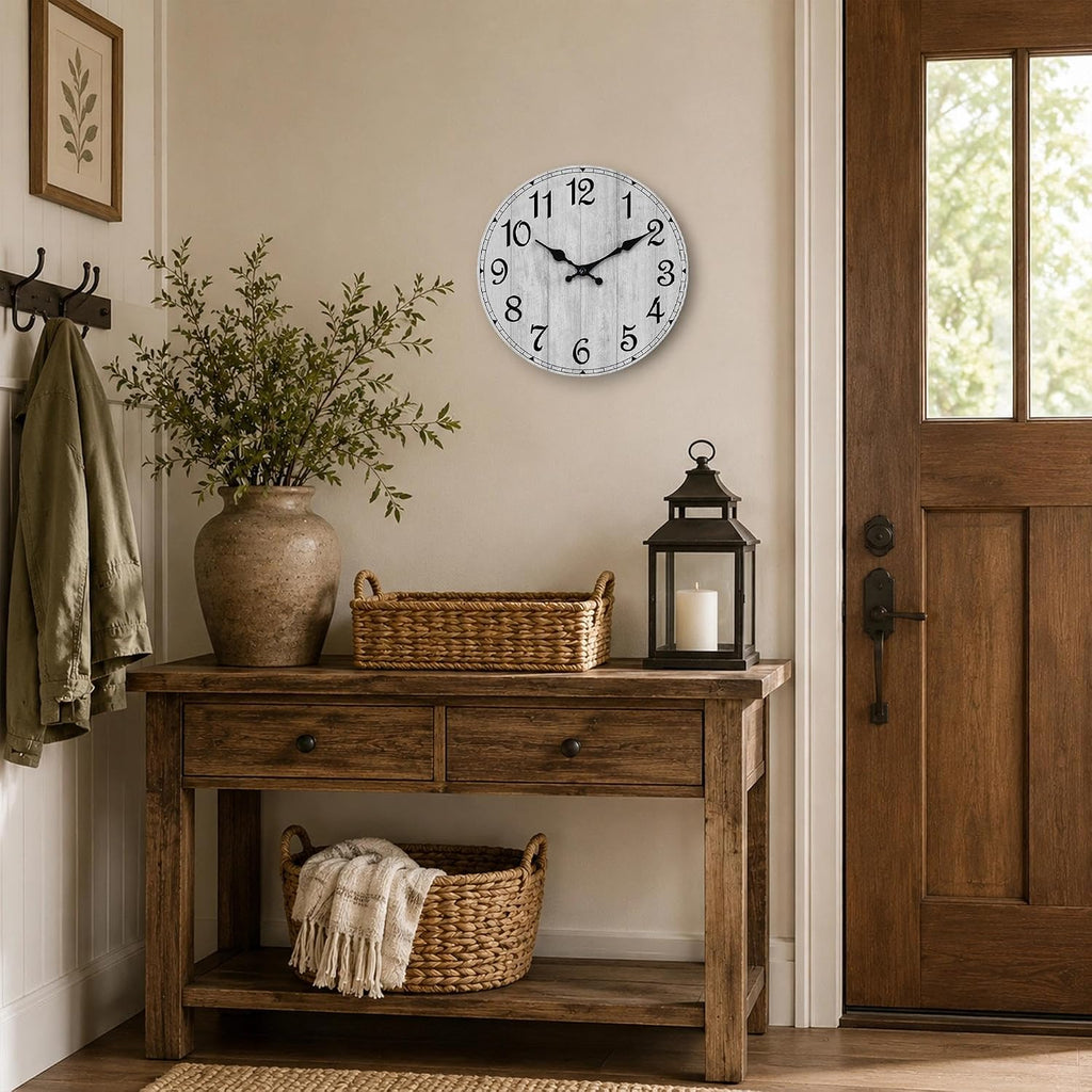 Wall Clock, Rustic Wall Clocks Battery Operated Silent Non Ticking, Country Round Wooden Clocks Farmhous Wall Decorative For Kitchen, Bathroom, Living Room (Gray 8 Inch)