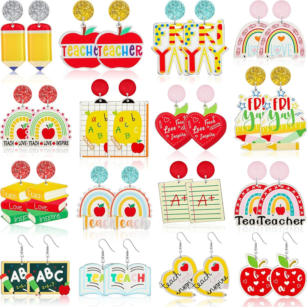 16 Pairs Teacher Earrings Bulk Glitter Acrylic Teacher Earrings for Women Graduation Holiday Jewelry Gifts