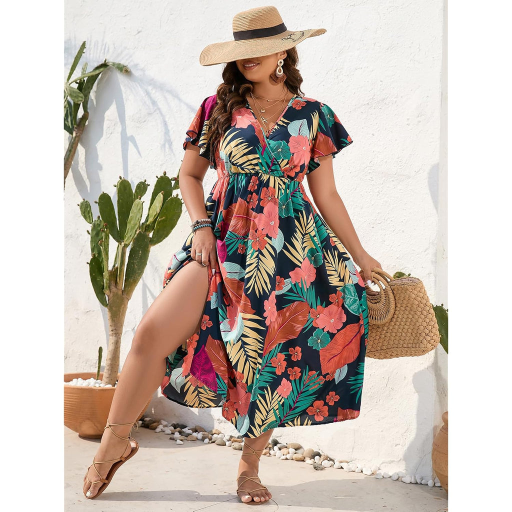 Floerns Women'S Plus Size Boho Hawaiian Tropical Dresses V Neck Short Sleeve Floral A Line Long Dress Vacation Beach Outfits