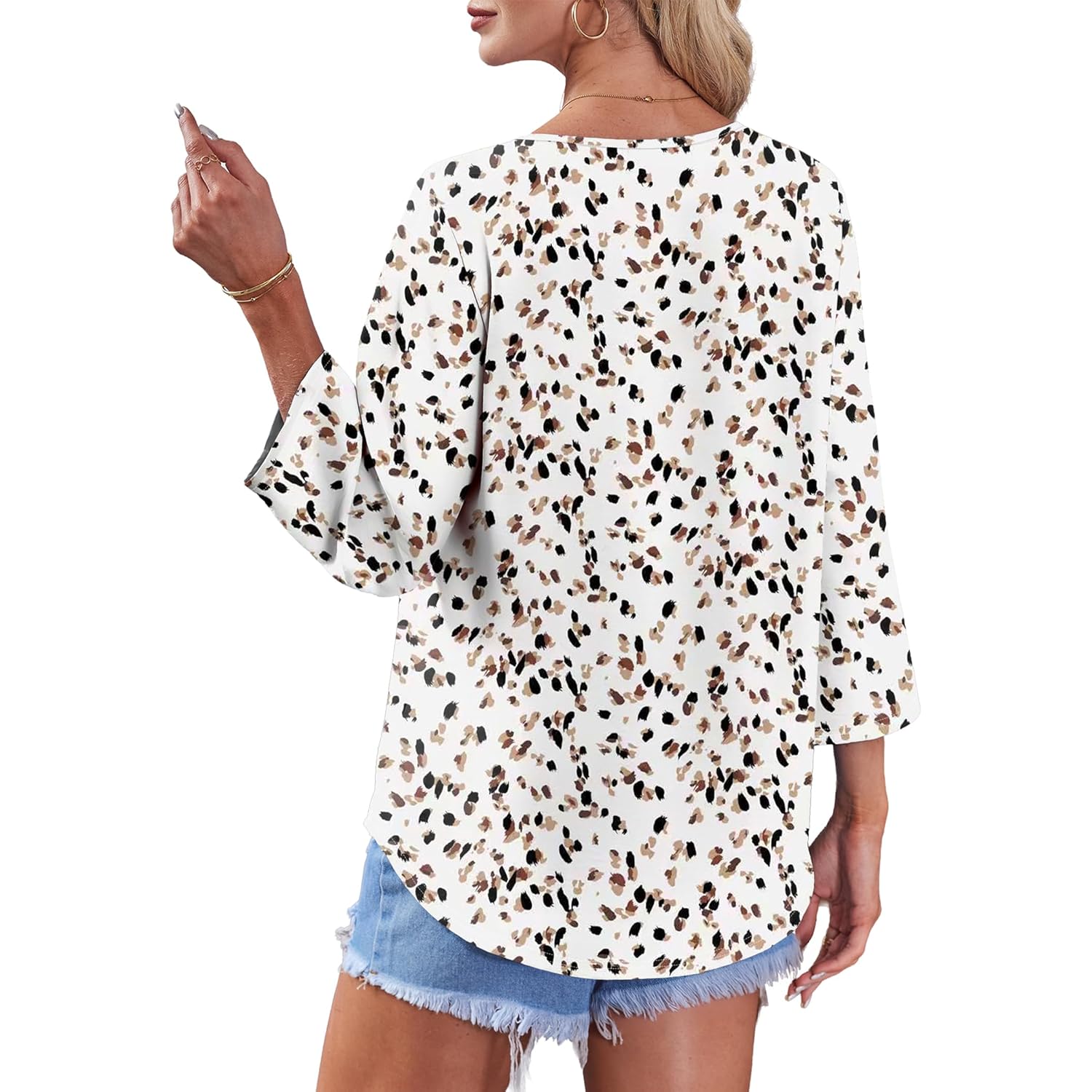 Button Down Shirts for Women 3/4 Length Sleeve Tops V Neck Blouses Business Casual Outfits Loose Fit