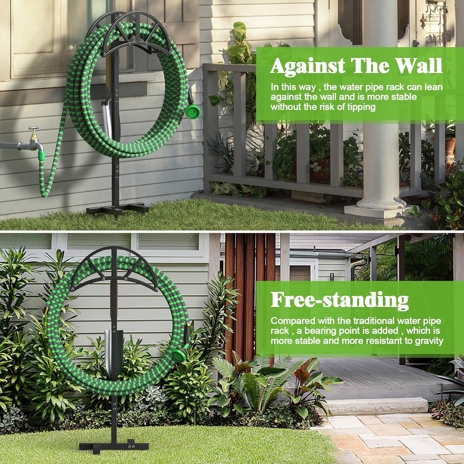 Mr Ironstone Garden Hose Holder Freestanding With 4 Spikes, Upgraded Water Hose Holder With Stainless Steel Screws, Heavy Duty Hose Stand Holds (Black)