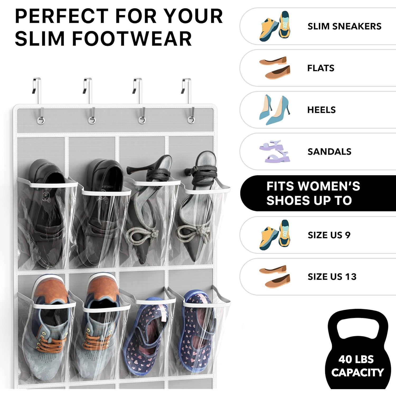 Simple Houseware 24 Pockets - Crystal Clear Over The Door Hanging Shoe Organizer, Gray (64'' X 19'')