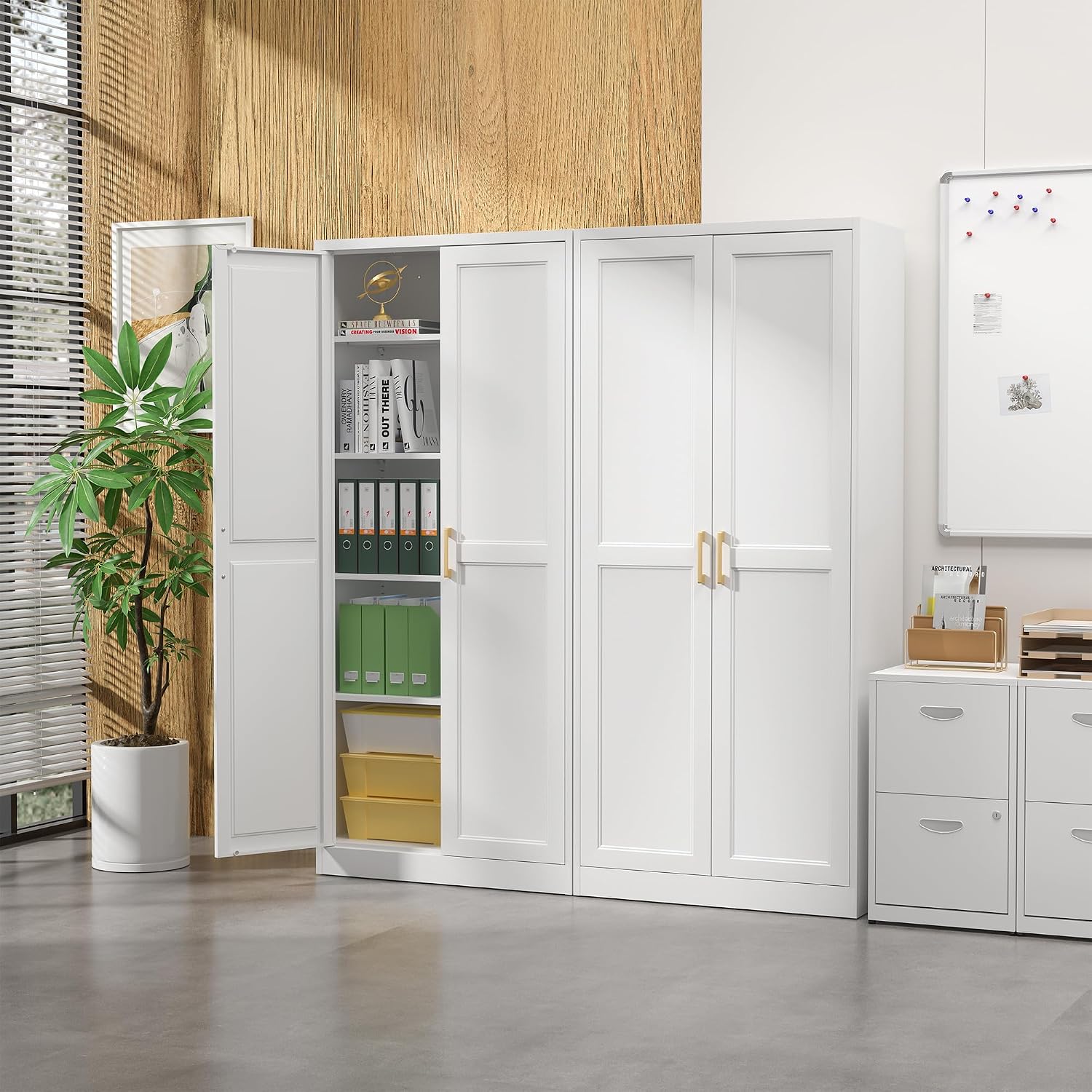 Kitchen Pantry Cabinet,71”White Metal Pantry Storage Cabinet With Doors And 4 Adjustable Shelves,Kitchen Cabinet With 2 Gold Handles,Tall Cabinet For Livingroom,Pantry, Bathroom,Kitchen