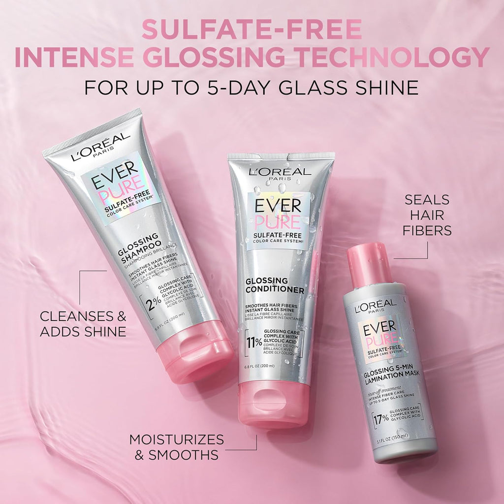 L’Oreal Paris Sulfate Free Glossing Conditioner With Glycolic Acid, Provides Intense Glass Hair Shine, Smoothness & Soft Feel, Suitable For Dull, Dry, And Color-Treated Hair, Everpure, 6.8 Fl Oz