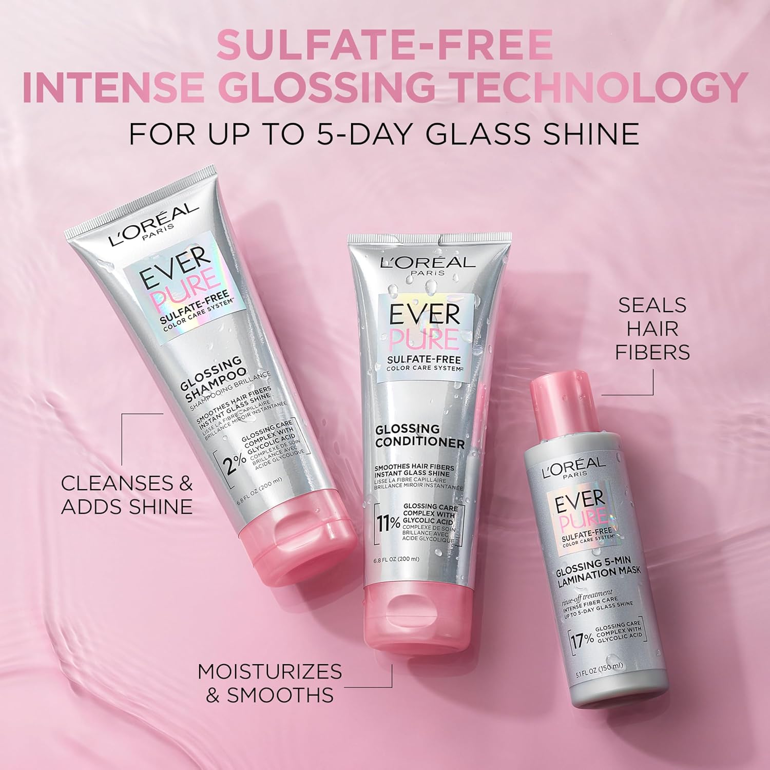 L'Oreal Paris Glossing Sulfate Free Shampoo and Conditioner Set with Glycolic Acid, Hair Care for Lasting Shine and Smoothness for Dull, Dry Hair, EverPure, 1 Kit