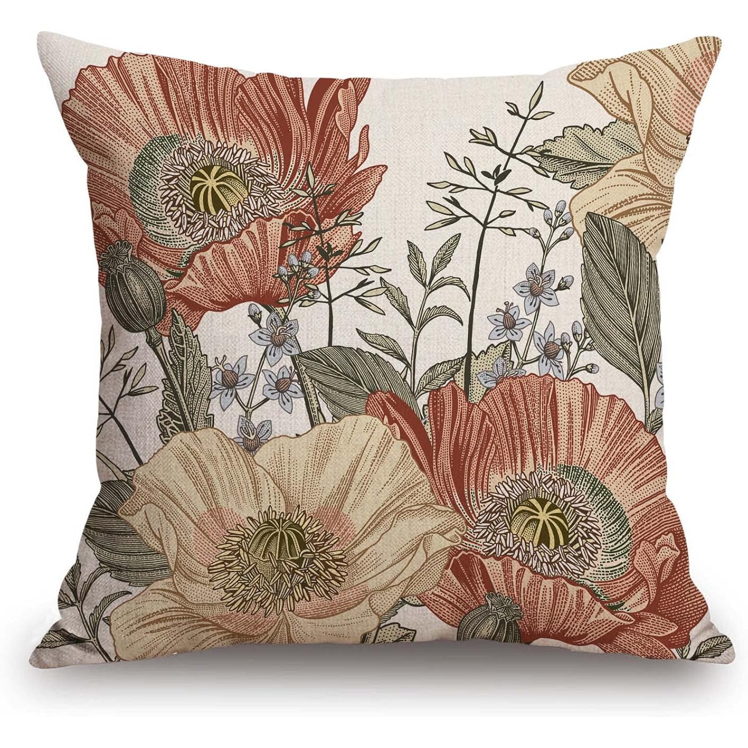 Tssohu Vintage Flowers Pillow Cover Rustic Cotton Linen Decorative Square Throw Pillow Cover 18X18 Inch For Sofa Couch Decoration