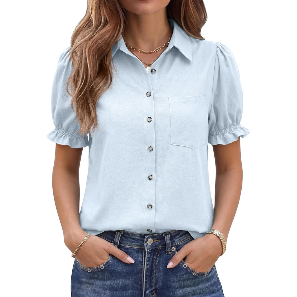 Linen Shirts for Women Puff Sleeve Button Down Summer Casual Cotton Linen Blouses Collared Work Tops Dressy
