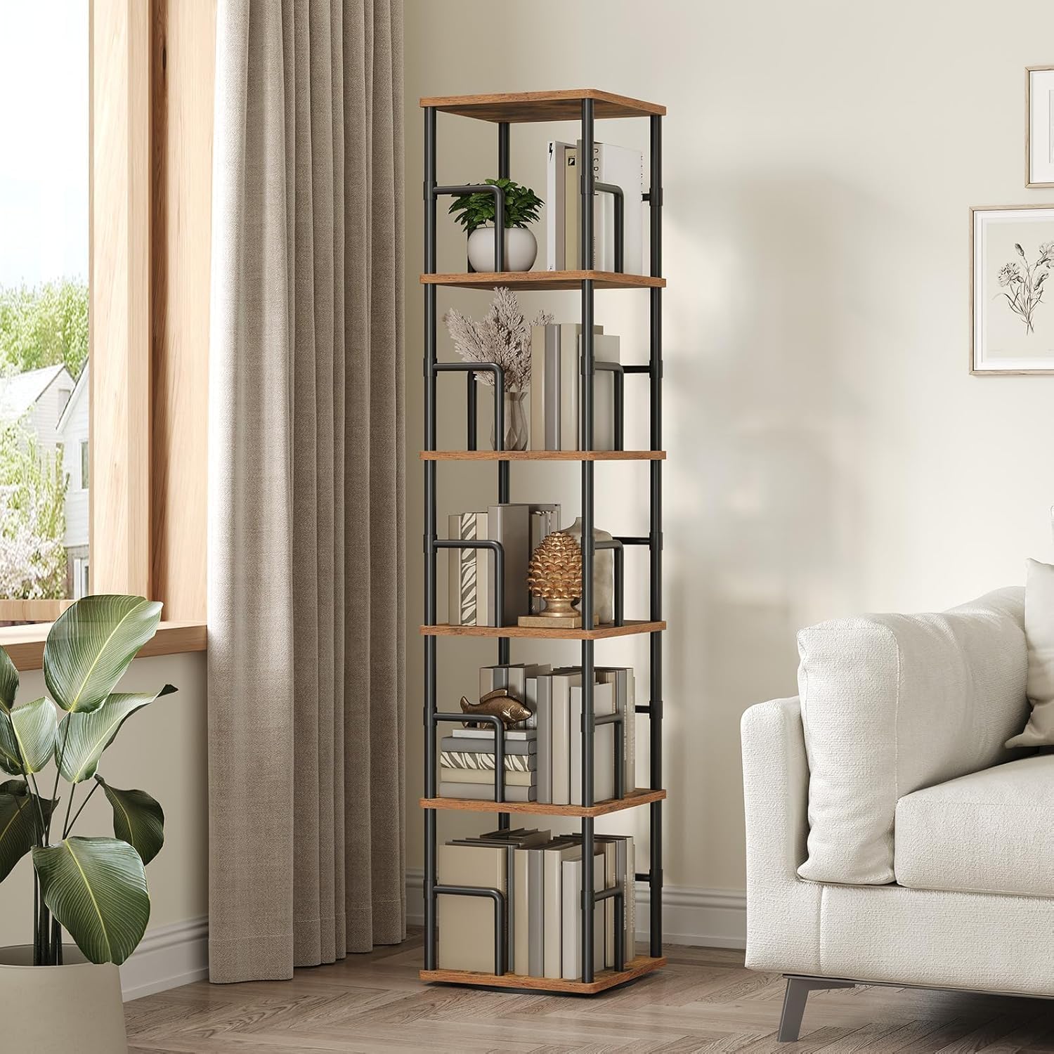 Mahancris 5-Tier Rotating Bookshelf, Freestanding Corner Bookshelf, 360° Spinning Bookcase, Industrial Style Storage Rack With Rails, For Living Room, Bedroom, Study, Rustic Brown And Black Bkhr1601